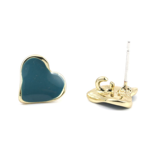 Imagen de Zamak Pendientes Corazón Chapado en Oro Azul Pavo W/ Lazo 12mm x 11mm, Post/ Wire: (21 gauge), 2 Pares