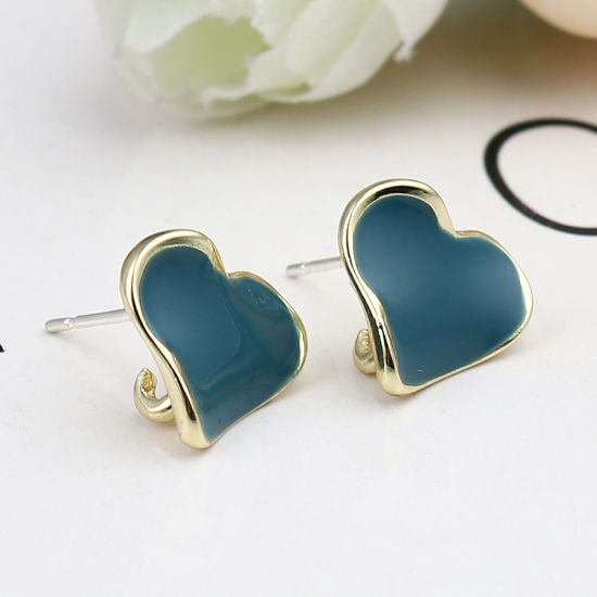 Imagen de Zamak Pendientes Corazón Chapado en Oro Azul Pavo W/ Lazo 12mm x 11mm, Post/ Wire: (21 gauge), 2 Pares