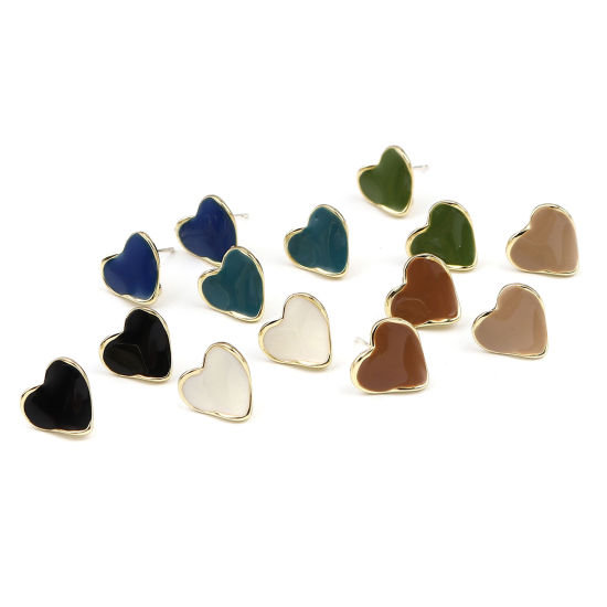 Imagen de Zamak Pendientes Corazón Chapado en Oro Azul Pavo W/ Lazo 12mm x 11mm, Post/ Wire: (21 gauge), 2 Pares