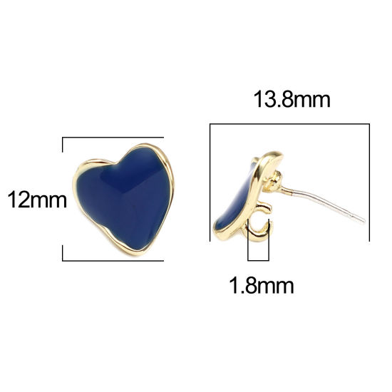 Imagen de Zamak Pendientes Corazón Chapado en Oro Azul Marino W/ Lazo 12mm x 11mm, Post/ Wire: (21 gauge), 2 Pares