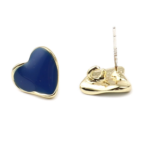 Imagen de Zamak Pendientes Corazón Chapado en Oro Azul Marino W/ Lazo 12mm x 11mm, Post/ Wire: (21 gauge), 2 Pares