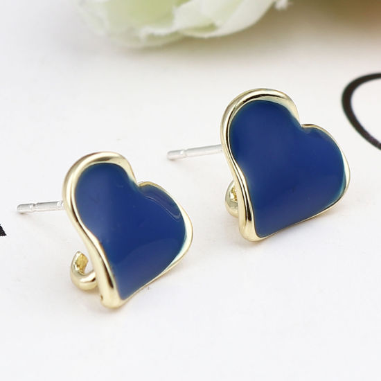 Imagen de Zamak Pendientes Corazón Chapado en Oro Azul Marino W/ Lazo 12mm x 11mm, Post/ Wire: (21 gauge), 2 Pares