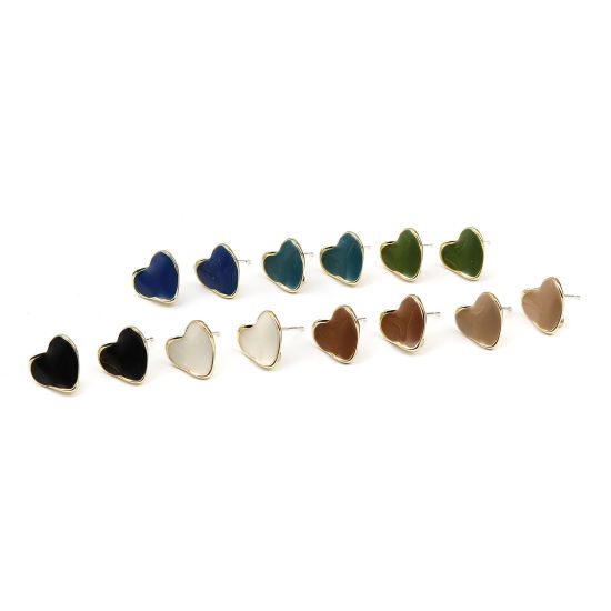 Imagen de Zamak Pendientes Corazón Chapado en Oro Azul Marino W/ Lazo 12mm x 11mm, Post/ Wire: (21 gauge), 2 Pares