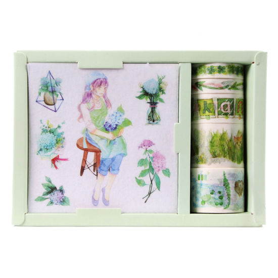 Bild von Japanisches Papier Bänder Aufkleber Set DIY Craft Scrapbook Dekoration Mädchen Blume Blätter Grün 1 Box
