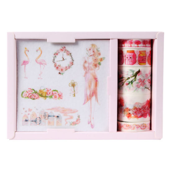 Picture of Japanese Paper Tapes Stickers Set DIY Craft Scrapbook Decoration Flamingo Girl Pink 1 Box