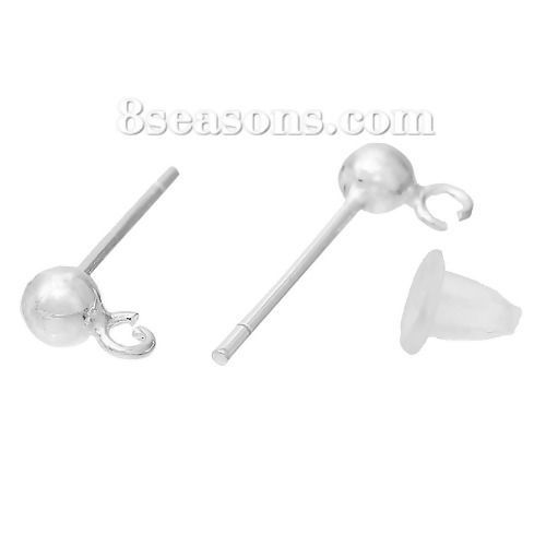 Picture of Sterling Silver Ear Post Stud Earrings Findings Ball Silver W/ Loop 14mm( 4/8") x 6mm( 2/8"), Post/ Wire Size: (20 gauge), 2 Pairs