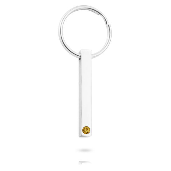 Picture of 304 Stainless Steel Birthstone Keychain & Keyring Circle Ring Silver Tone Rectangle Blank Stamping Tags Yellow Rhinestone 65mm, 1 Piece
