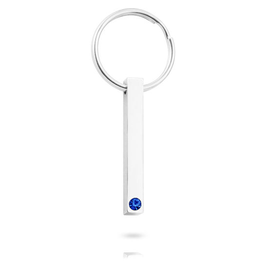 Immagine di 304 Acciaio Inossidabile Pietre Nascita Anello Portachiavi Anello Tono Argento Rettangolo Modifiche in bianco di timbratura Blu Notte Strass 65mm, 1 Pz