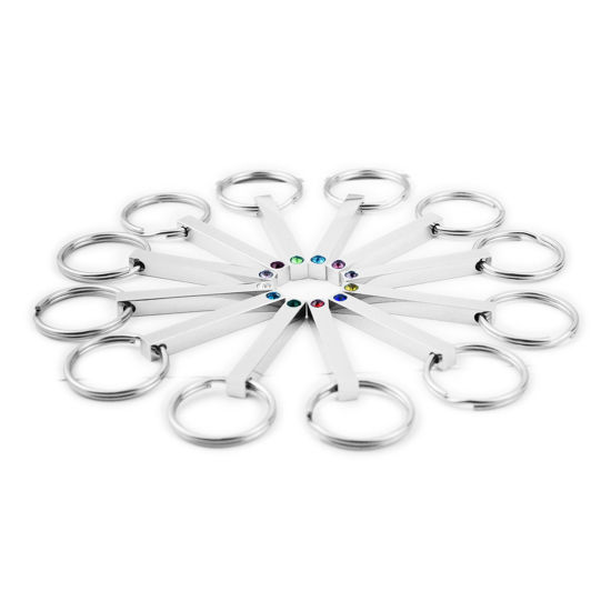 Immagine di 304 Acciaio Inossidabile Pietre Nascita Anello Portachiavi Anello Tono Argento Rettangolo Modifiche in bianco di timbratura Blu Notte Strass 65mm, 1 Pz