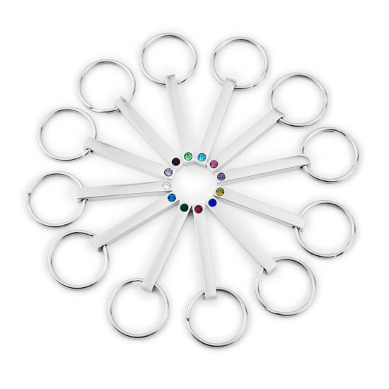 Immagine di 304 Acciaio Inossidabile Pietre Nascita Anello Portachiavi Anello Tono Argento Rettangolo Modifiche in bianco di timbratura Rosso Strass 65mm, 1 Pz