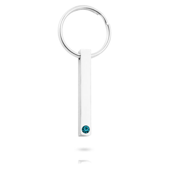 Immagine di 304 Acciaio Inossidabile Pietre Nascita Anello Portachiavi Anello Tono Argento Rettangolo Modifiche in bianco di timbratura Lago Blu Strass 65mm, 1 Pz