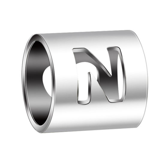 Immagine di 304 Acciaio Inossidabile Perline Cilindrico Tono Argento Lettera Maiuscola Lettere " N " 6mm x 6mm, 2 Pz