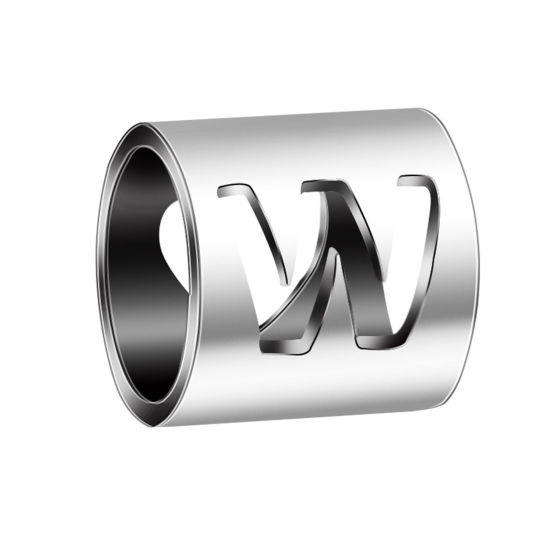 Immagine di 304 Acciaio Inossidabile Perline Cilindrico Tono Argento Lettera Maiuscola Lettere " W " 6mm x 6mm, 2 Pz