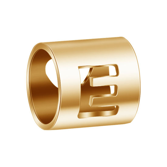 Imagen de 304 Acero Inoxidable Cuentas Cilíndrico Chapado en Oro Mayúscula Letra Mensaje " E " 6mm x 6mm, 2 Unidades