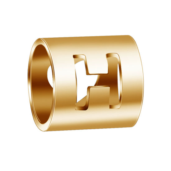 Imagen de 304 Acero Inoxidable Cuentas Cilíndrico Chapado en Oro Mayúscula Letra Mensaje " H " 6mm x 6mm, 2 Unidades
