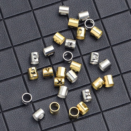 Imagen de 304 Acero Inoxidable Cuentas Cilíndrico Chapado en Oro Mayúscula Letra Mensaje " N " 6mm x 6mm, 2 Unidades