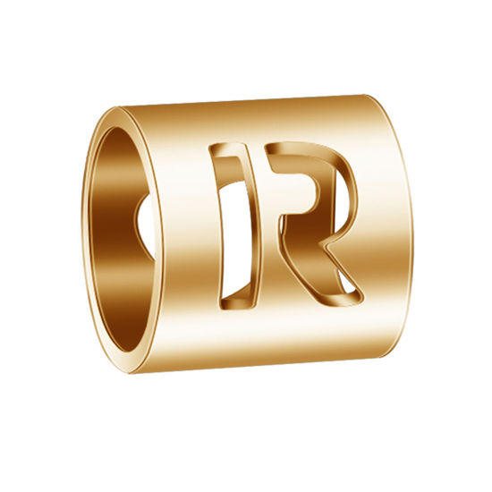 Imagen de 304 Acero Inoxidable Cuentas Cilíndrico Chapado en Oro Mayúscula Letra Mensaje " R " 6mm x 6mm, 2 Unidades