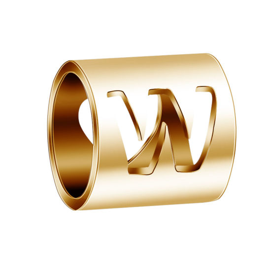 Imagen de 304 Acero Inoxidable Cuentas Cilíndrico Chapado en Oro Mayúscula Letra Mensaje " W " 6mm x 6mm, 2 Unidades