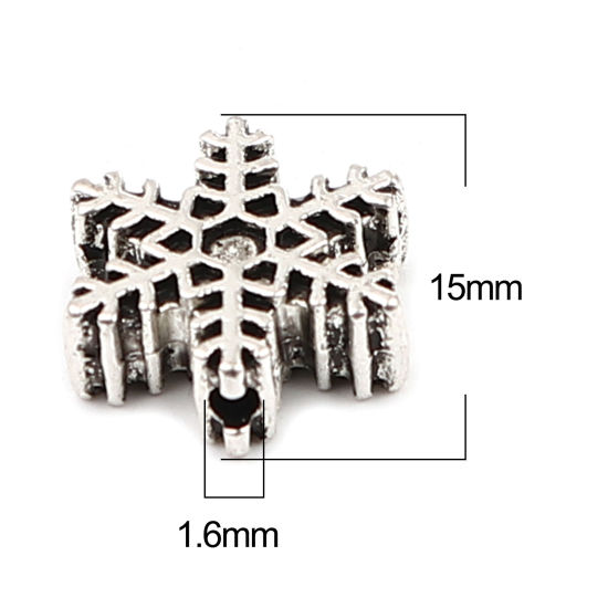 Picture of Zinc Based Alloy Spacer Beads Christmas Snowflake Antique Silver Color About 15mm x 13mm, Hole: Approx 1.6mm, 30 PCs