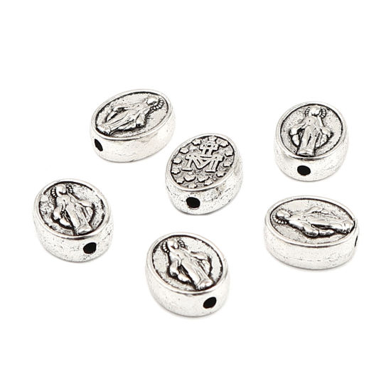 Image de Perles en Alliage de Zinc Religieux Ovale Argent Vieilli Sainte Vierge Marie Gravé 10mm x 8mm, Trou: env. 1.2mm, 50 Pcs