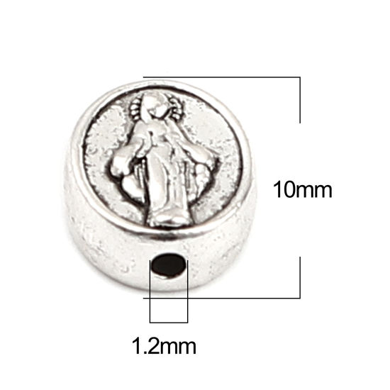 Image de Perles en Alliage de Zinc Religieux Ovale Argent Vieilli Sainte Vierge Marie Gravé 10mm x 8mm, Trou: env. 1.2mm, 50 Pcs