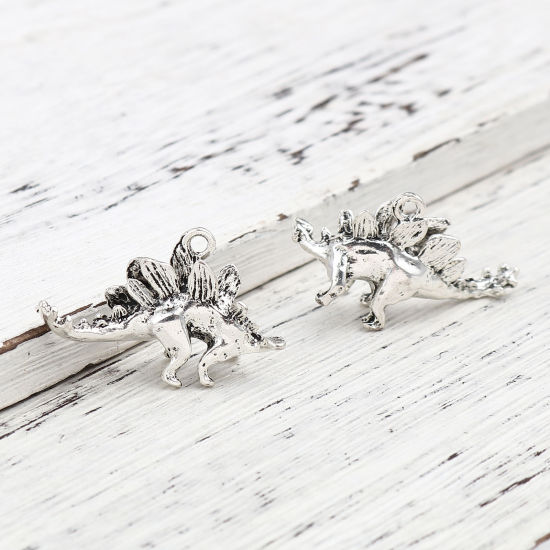 Picture of Zinc Based Alloy Pendants Stegosaurus Animal Antique Silver Color 3D 32mm x 20mm, 5 PCs