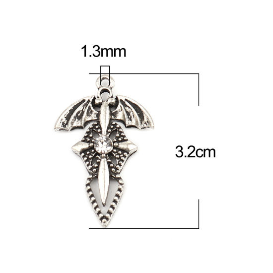 Immagine di Lega di Zinco Ciondoli Cono Argento Antico Halloween Pipistrello Trasparente Strass 32mm x 19mm , 10 Pz