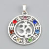 Picture of Zinc Based Alloy Yoga Healing Pendants Round Silver Plated OM/ Aum Symbol Multicolor Rhinestone 48mm x 35mm, 5 PCs