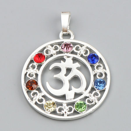 Zinc Based Alloy Yoga Healing Pendants Round Silver Plated OM/ Aum Symbol Multicolor Rhinestone 48mm x 35mm, 5 PCs
