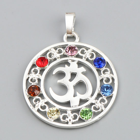 Imagen de Zamak Yoga Colgantes Ronda Argentado Símbolo de OM Multicolor Rhinestone 48mm x 35mm, 5 Unidades