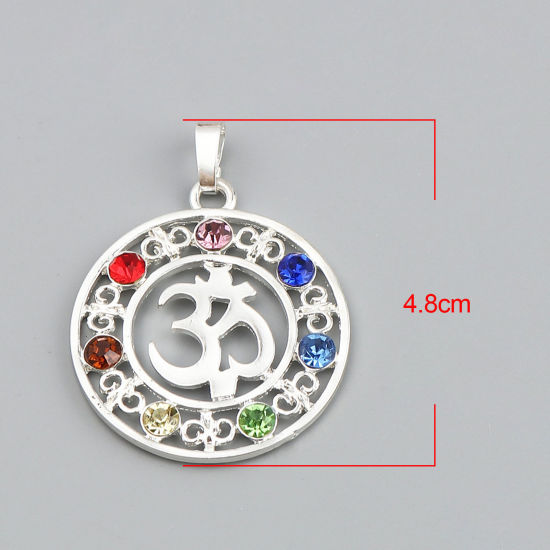 Imagen de Zamak Yoga Colgantes Ronda Argentado Símbolo de OM Multicolor Rhinestone 48mm x 35mm, 5 Unidades