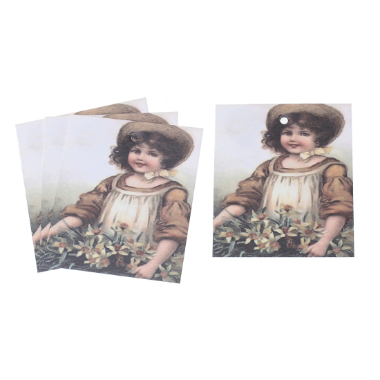 Picture of Paper Label Tags Rectangle Multicolor Girl Flower Pattern 7cm(2 6/8") x 6cm(2 3/8"), 50 Sheets