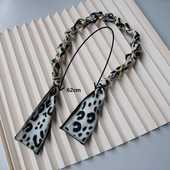 Picture of Zinc Based Alloy & Fabric Purse Chain Strap Silk Scarf Dark Pink Leopard Print Pattern 62cm long, 1 Piece