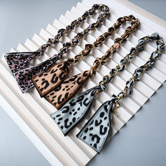 Picture of Zinc Based Alloy & Fabric Purse Chain Strap Silk Scarf Dark Pink Leopard Print Pattern 62cm long, 1 Piece