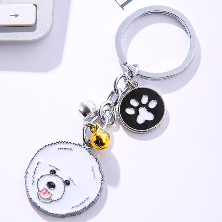 Image de Porte-Clés Mémorial d'Animaux Domestiques Argent Mat Blanc Bichon à Poil Frisé Cloche Émail 10cm, 1 Pièce