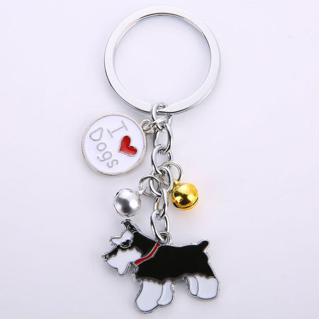 Picture of Pet Memorial Keychain & Keyring Silver Tone Black Schnauzer Animal Bell Enamel 10cm, 1 Piece