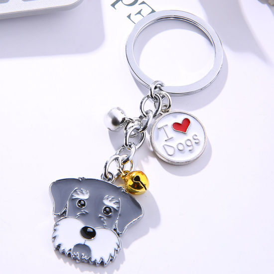 Picture of Pet Memorial Keychain & Keyring Silver Tone Gray Schnauzer Animal Bell Enamel 10cm, 1 Piece