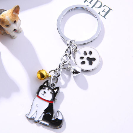 Image de Porte-Clés Mémorial d'Animaux Domestiques Argent Mat Noir Husky Cloche Émail 10cm, 1 Pièce
