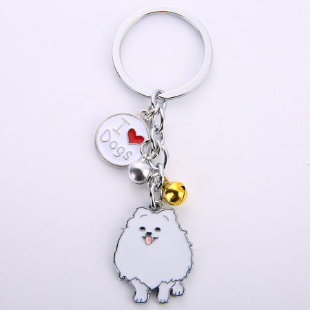 Image de Porte-Clés Mémorial d'Animaux Domestiques Argent Mat Blanc Poméranien Cloche Émail 10cm, 1 Pièce