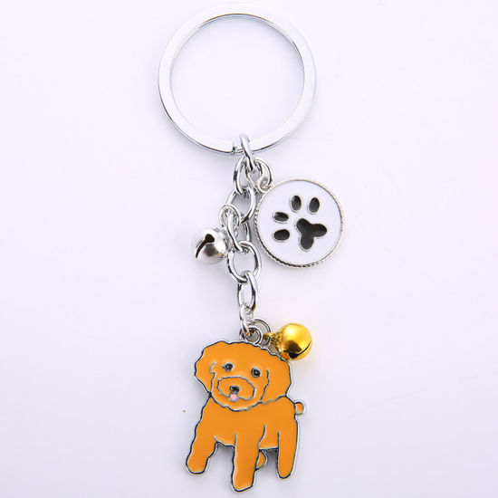 Image de Porte-Clés Mémorial d'Animaux Domestiques Argent Mat Orange Foncé Caniche Cloche Émail 10cm, 1 Pièce