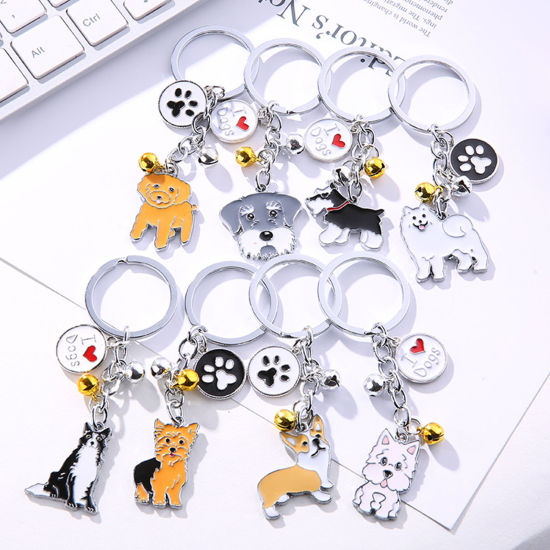 Image de Porte-Clés Mémorial d'Animaux Domestiques Argent Mat Orange Foncé Caniche Cloche Émail 10cm, 1 Pièce