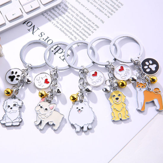 Image de Porte-Clés Mémorial d'Animaux Domestiques Argent Mat Orange Foncé Caniche Cloche Émail 10cm, 1 Pièce