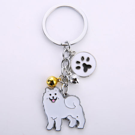 Image de Porte-Clés Mémorial d'Animaux Domestiques Argent Mat Blanc Chien Samoyède Cloche Émail 10cm, 1 Pièce