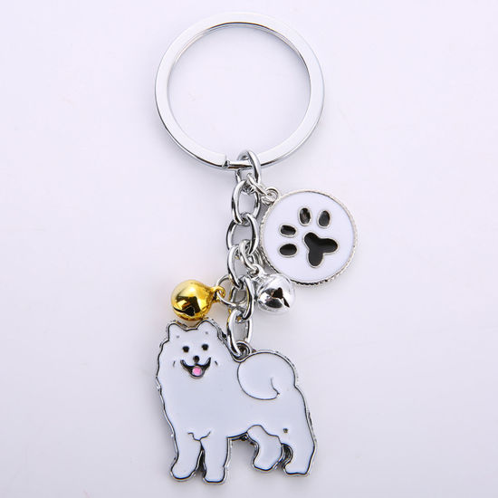 Bild von Haustier Denkmal Schlüsselkette & Schlüsselring Silberfarbe Weiß Samojede Hund Schelle Emaille 10cm, 1 Stück