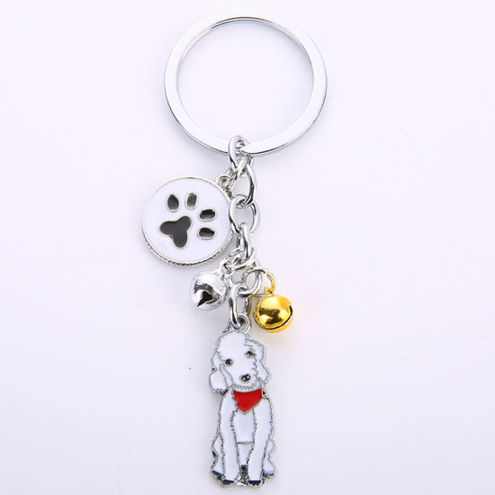 Bild von Haustier Denkmal Schlüsselkette & Schlüsselring Silberfarbe Weiß Bedlington Terrier Schelle Emaille 10cm, 1 Stück