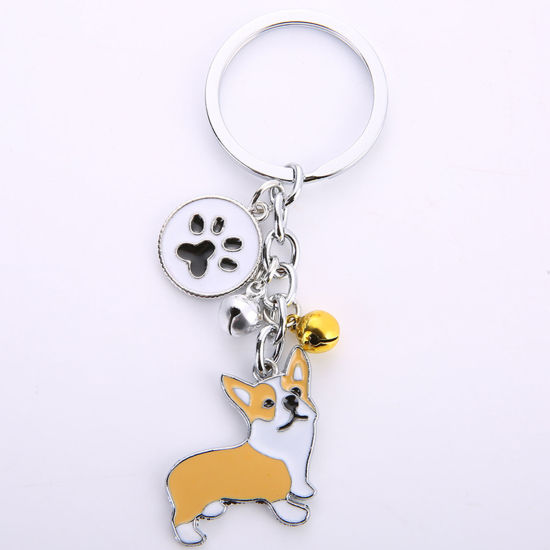 Bild von Haustier Denkmal Schlüsselkette & Schlüsselring Silberfarbe Orange Corgi Hund Schelle Emaille 10cm, 1 Stück