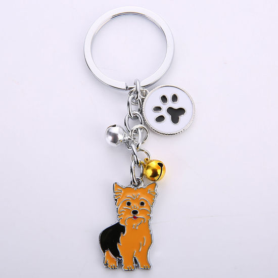Bild von Haustier Denkmal Schlüsselkette & Schlüsselring Silberfarbe Orange Yorkie Terrier Schelle Emaille 10cm, 1 Stück