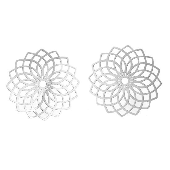 Picture of 304 Stainless Steel Filigree Stamping Embellishments Findings, Flower Silver Tone, Hollow Carved 5.1cm(2") x 5.1cm(2"), 10 PCs