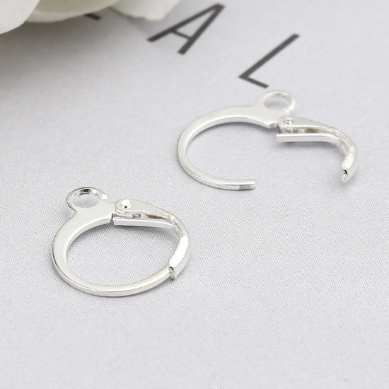 Picture of Iron Based Alloy Hoop Earrings Findings Circle Ring Silver Plated W/ Loop 15mm x 12mm, Post/ Wire Size: (20 gauge), 1 Packet ( 20 PCs/Packet)