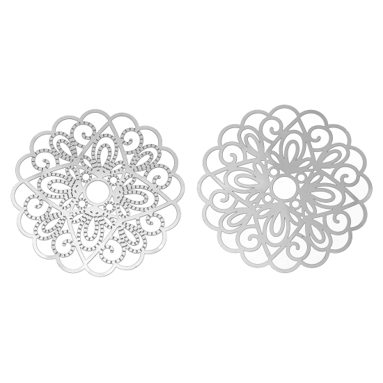 Picture of 304 Stainless Steel Filigree Stamping Embellishments Findings, Flower Silver Tone, Hollow Carved 50mm(2") x 50mm(2"), 10 PCs